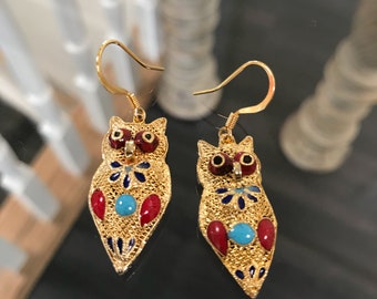 Vintage Gold Vermiel Owl Earrings with Turquoise and Coral Enamel, Owl Earrings, Vintage Vermiel Earrings, Cloisonne Owl Earrings.