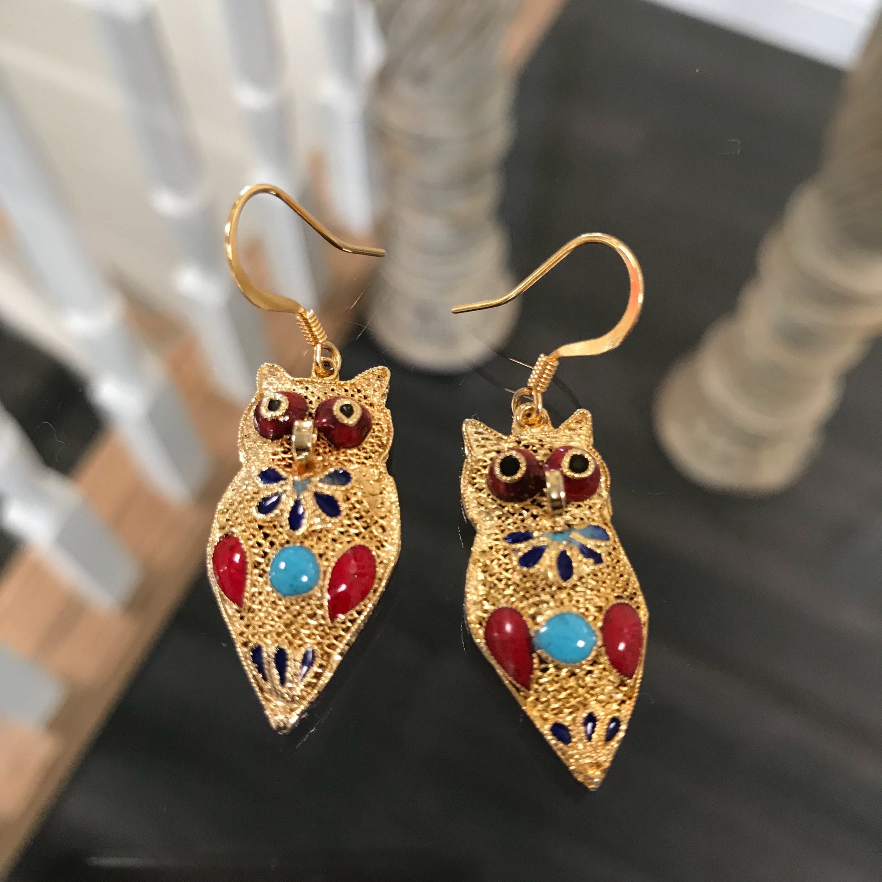 Vintage Gold Vermiel Owl Earrings with Turquoise and Coral Enamel, Owl Earrings, Vintage Vermiel Ear