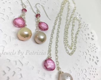 White Tahitian Pearl and Pink Topaz Lariat necklace and earrings set, Tahitian Pearl & Pink Topaz jewelry set.