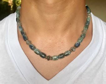 Mens Kynite necklace with Bali Silver, Genuine Kynite Gemstone necklace and bracelet jewelry set, October Birthstone.