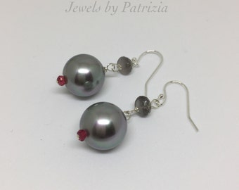 Silver Gray South Sea Shell Pearl Earrings, 12mm Shell Pearl Dangle Drop Earrings on Sterling Silver featuring Sylvanite and Ruby.