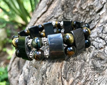 Mens Tigers Eye & Hematite Stretch Bracelet with Bali Silver, mens jewelry, mens healing bracelet, gift for him.