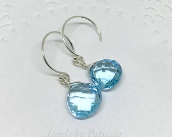 Swiss Blue Topaz Dangle Drop Earrings, December Birthstone, Genuine Real Topaz heart shape drop Earrings, December birthstone.