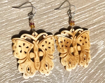 Butterfly carved bone earrings on Sterling Silver, Drop dangle bone earrings, Tropical earrings, Carved Bone Earrings, Bone Jewelry.