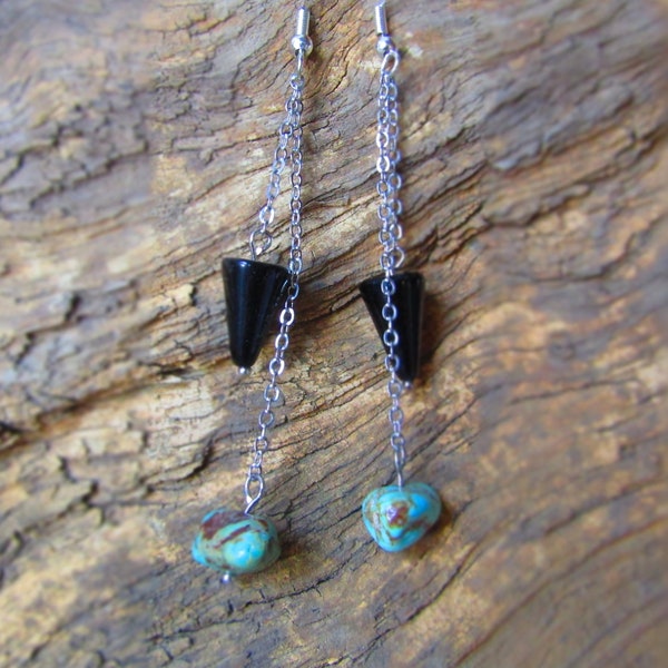 Beautiful Real Turquoise and Onyx Stone Chain Sterling Silver Earrings