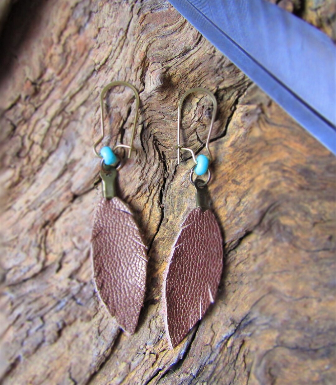 Light Brown Leather Feather With Turquoise Glass Bead Bronze - Etsy