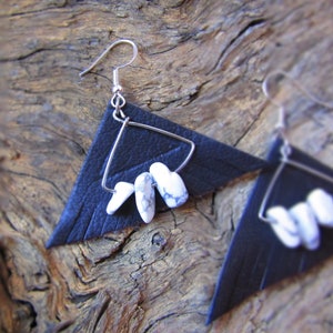 Beautiful Leather Triangle Earrings with Real Howlite Stone Beads on Sterling Silver Hooks