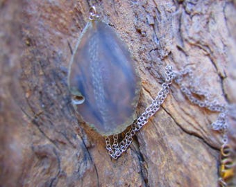 Beautiful Real Clear Agate Stone Slice on Silver Chain Necklace