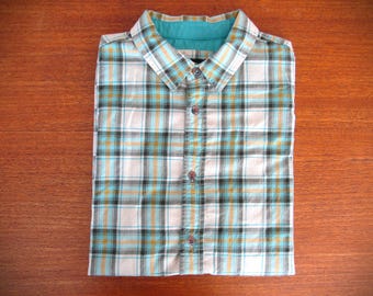Prana Light Blue, Yellow and White Plaid Short Sleeve Button Up - Men's Size Medium
