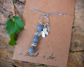 Beautiful Charm Necklace with Grey Beads, Silver Butterfly and Leaf