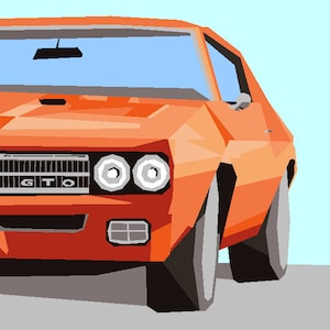Könnte beinhalten: Illustration eines orangefarbenen Oldtimers. Die Vorderseite des Autos ist zu sehen, mit Scheinwerfern, Kühlergrill mit den Buchstaben "GTO" und Rädern. Das Auto steht vor einem hellblauen Hintergrund.