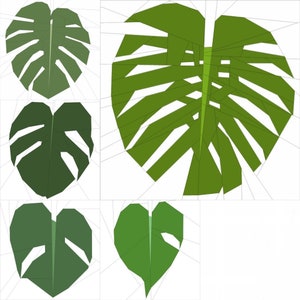 Monstera Leaves FPP Foundation Paper Piecing Quilting Block Patterns - Set of Five, Downloadable Pattern