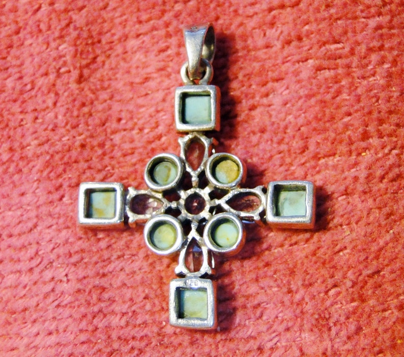 Turquoise /& Sterling Silver Cross Pendant W Clear Stones Great Piece! 1 18 X 1 12