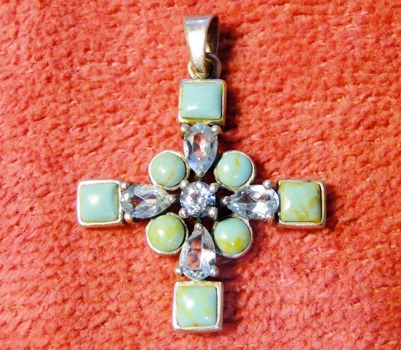 Turquoise /& Sterling Silver Cross Pendant W Clear Stones Great Piece! 1 18 X 1 12