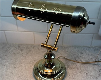 Vintage Mid-Century Brass Table Lamp with a Graphic Perforated triple diamond pinhole pattern. Works!