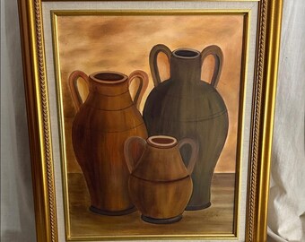 Pintura al óleo original de naturaleza muerta, enmarcada, de mediados de siglo, con ánforas y arte mural.