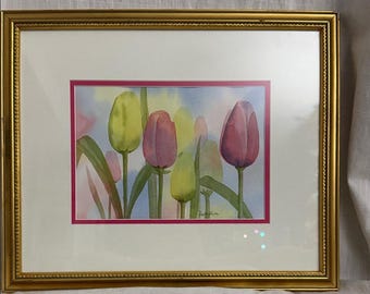 Pintura original canadiense de acuarela de tulipanes de Robert McAffee, firmada y enmarcada en 1998