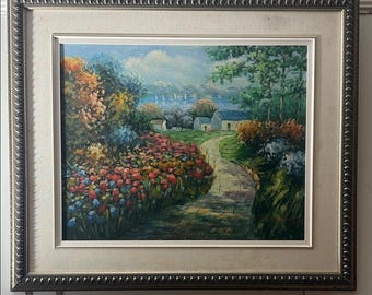Pintura al óleo original de Henry Tracey, Camino de jardín impresionista, Cabañas y veleros, decoración de pared costera enmarcada