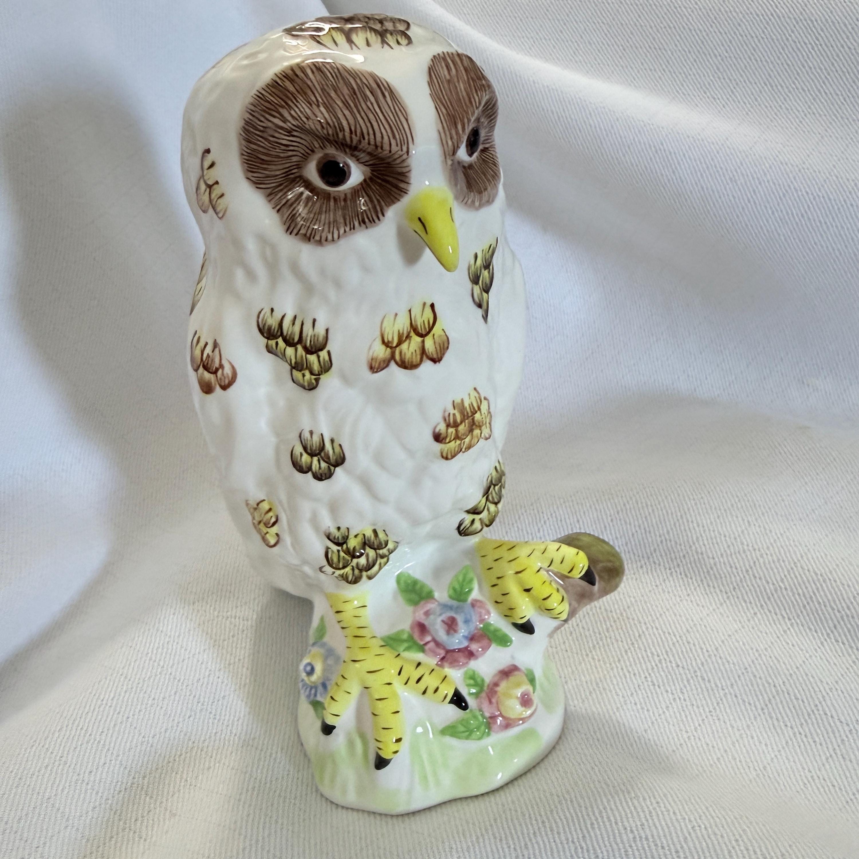 Vintage MMA Ceramic Owl Figurine on Branch with Flowers Hand Painted Metropolitan Museum of Art Repl