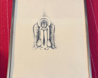 Dibujo vintage original de Helen Lucas enmarcado de un ángel en tinta