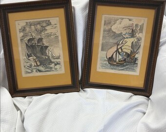 Grabados antiguos coloreados a mano: Barcos náuticos de mediados de siglo (par, 75 x 38 cm)