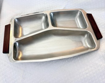 Vintage Mid-Century Modern Divided Serving Tray - Stainless Steel & Teak Wood - Danish Modern Style Relish Dish - 1960s Hostess Gift