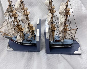 Nautical Wooden Ship Bookends in Blue and White