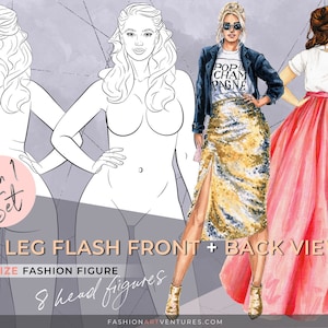 The Leg Flash Front + Back View 8+ 9+ 10 heads- Plus Size Fashion Template, Curvy Croqui Templates,Fashion Croquis, Fashion template