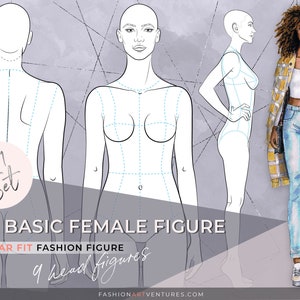 The Basic Female Figure 9 heads/REGULAR FIT Fashion Template/Fashion Illustration Template/Fashion Croquis/Fashion template/Fashion drawing
