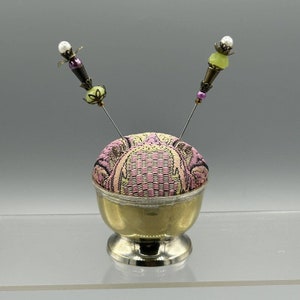 Upcycled Vintage EPNS Pedestal Salt Cellar Pincushion Brocade Beaded Pins