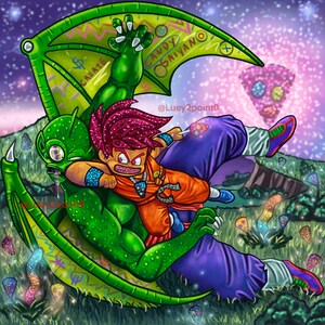 May include: A green dragon with a pink and purple background. The dragon is holding a red-haired character with a blue and orange outfit. The character is holding a lollipop. The text "Candy Saiyan" is written on the dragon's wing.