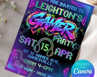 Uitnodiging voor neongraffiti-gamerfeest (digitale download) – bewerkbare canva-sjabloon