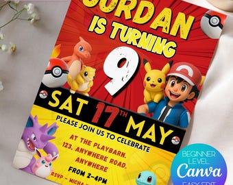 Pokemon-verjaardagsuitnodiging, Pokemon-feestuitnodiging, kaartsjabloon voor kinderen, bewerkbare canva (digitale download)