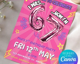 Roze verjaardagsuitnodiging 67, meisjes verjaardagsuitnodiging sjabloon, bewerkbare leeftijdsuitnodiging, afdrukbare verjaardagsuitnodiging (digitale download)