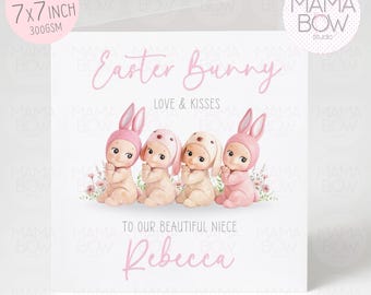 Personalised Sonny Angel Card Girl Easter Bunny Pink Watercolour Card Custom Easter Card Daughter Niece Granddaughter Card