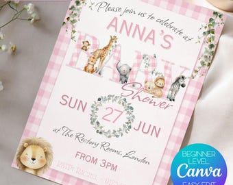 Roze safari babyshoweruitnodiging: aquarel dieren, pastel (digitale download)