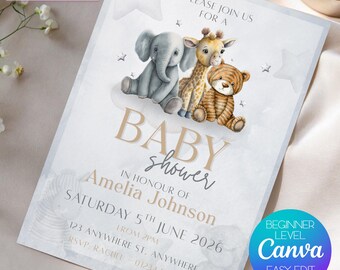 Sjabloon neutrale safari babyshower uitnodiging (digitale download)