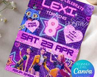 K-pop neonverjaardagsuitnodiging | Sjabloon roze-paarse Tween-feestje (digitale download)