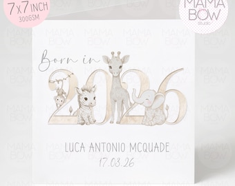Personalised Chinoiserie Safari Baby Card: Elephant, Giraffe, Zebra Newborn Greeting (7x7 Inch)