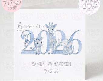 Personalised Chinoiserie 2026 New Baby Card: Elephant, Giraffe, Zebra Welcome Newborn Greeting Card 7x7 inch Born in 2026