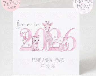 Personalised Chinoiserie 2026 New Baby Card: Elephant, Giraffe, Zebra Welcome Newborn Greeting Card 7x7 inch Born in 2026 Blue Boys