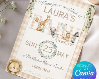 Sjabloon neutrale safari babyshower uitnodiging (digitale download)