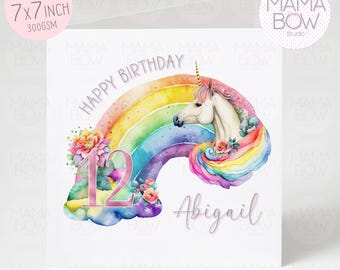 Personalised Unicorn Birthday Card | Custom Name, Any Age 1 2 3 4 5 6 7 8 9 10 11 | (7x7 Inch)