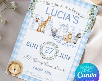 Blauwe safari babyshoweruitnodiging: aquarel dieren, pastel, bewerkbare canvassjabloon (digitale download)