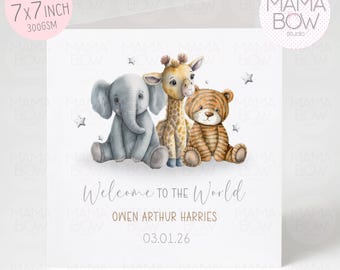 Personalised Safari Baby Card: Elephant, Giraffe, Tiger Welcome Newborn Greeting 5x5 inch