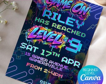 Verjaardagsuitnodiging voor gamer: neon-graffiti-level-upfeestje (digitale download)