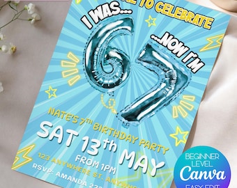 67e verjaardagsuitnodiging jongens, blauwe ballon feestuitnodiging, bewerkbare canvassjabloon (digitale download)