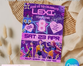 K-pop neonverjaardagsuitnodiging | Sjabloon roze-paarse Tween-feestje (digitale download)