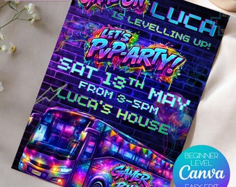 Uitnodiging voor gamerbusfeest: verjaardagsuitnodiging videogame neon graffiti (digitale download)