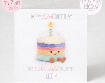 Personalised Daughter Birthday Card, Pastel Rainbow Cake Illustration, Custom Name Age Greeting (7x7 Inch)